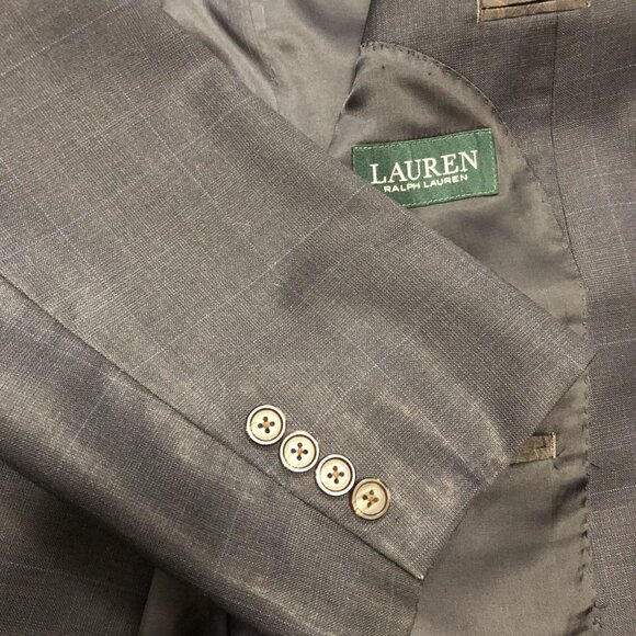 Lauren Ralph Lauren 46R Navy Blazer Plaid 2 Button 100% Wool Jacket Notch Lapel - Picture 2 of 7